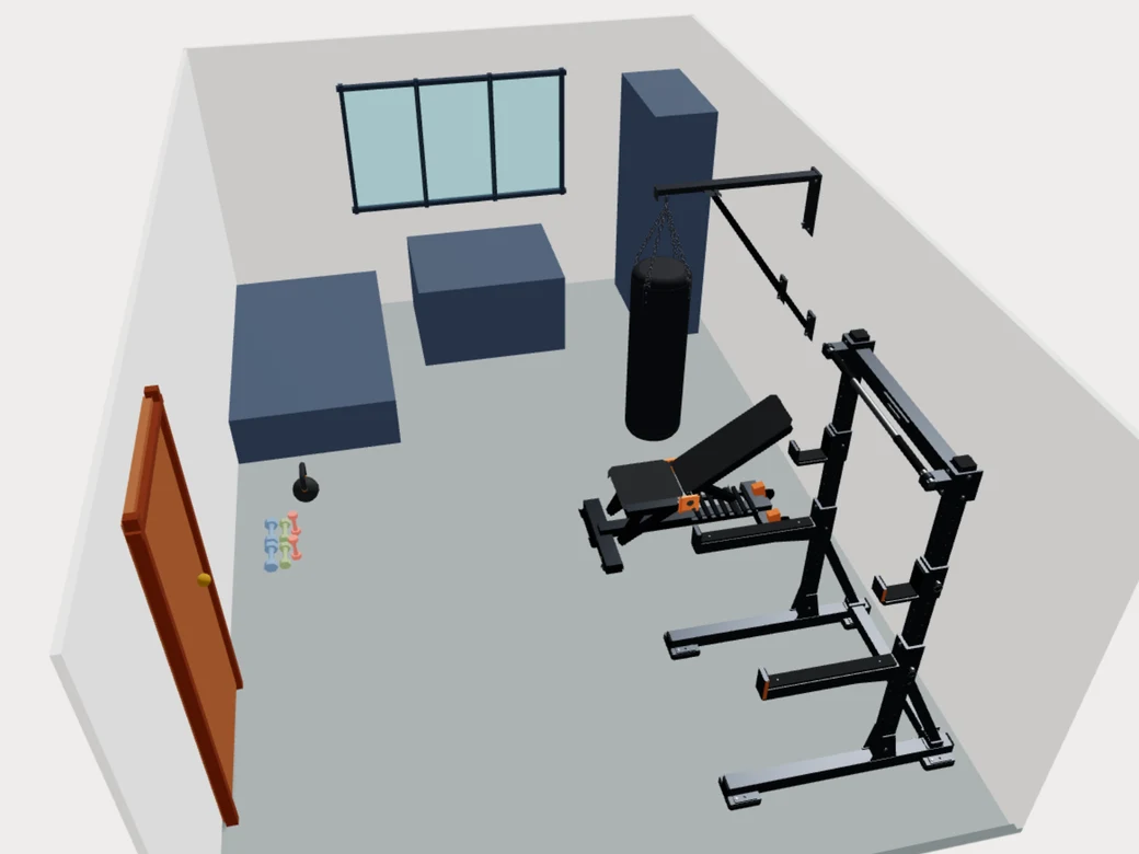 The same room furnished with strength equipment, a punching bag, kettlebell and dumbbells.