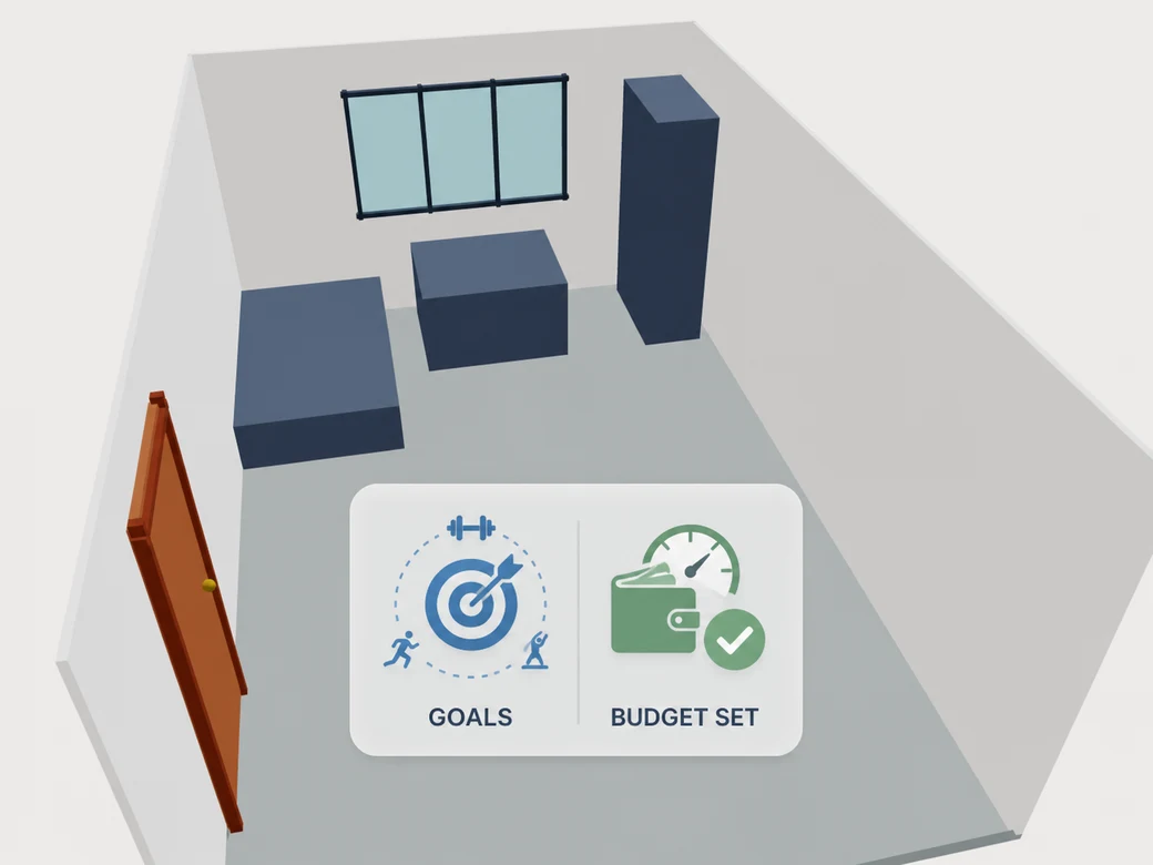 The same room with an illustrative card representing training goals and a confirmed budget.