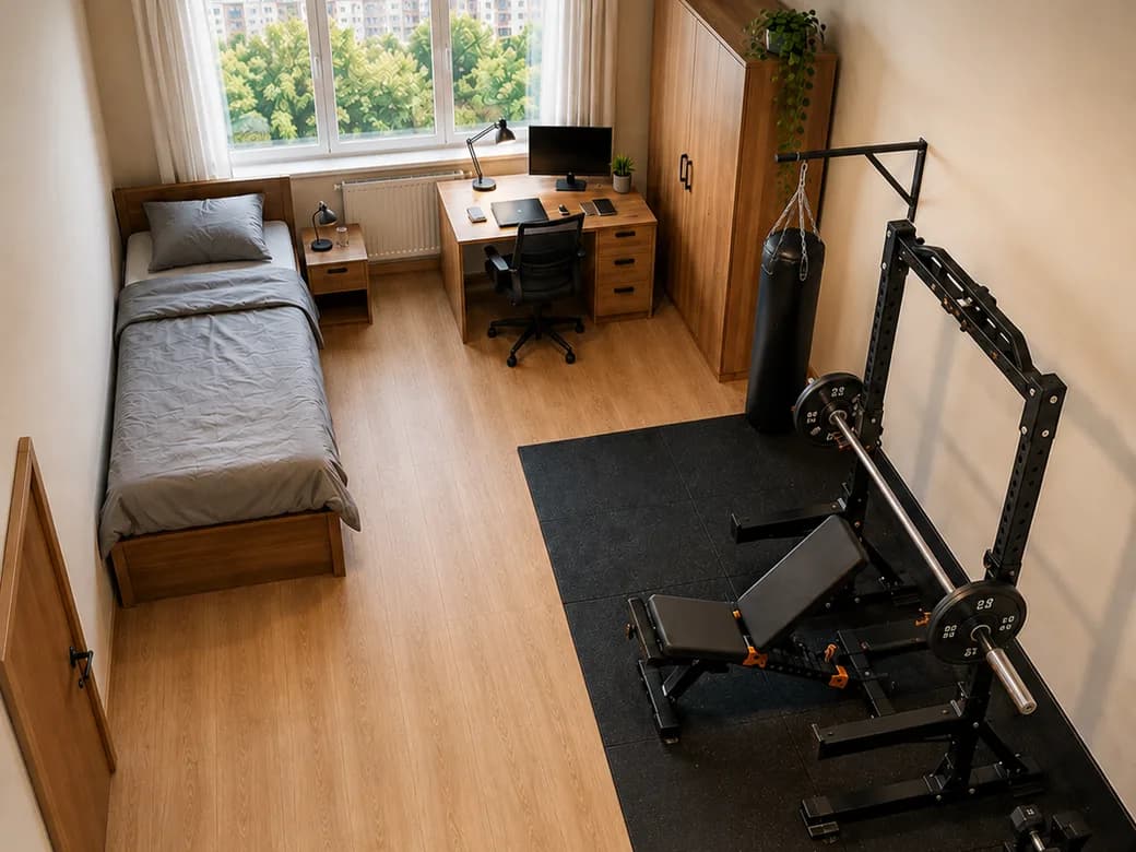 A compact bedroom and office sharing space with a weight bench, rack, punching bag, dumbbells, and a kettlebell.